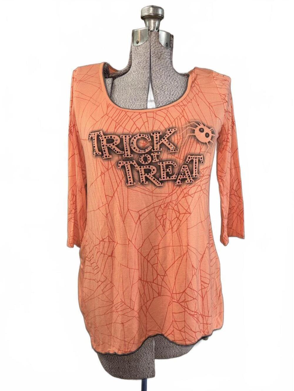 Y2K Vanilla Sugar orange Halloween top with 'TRICK OR TREAT' graphic